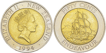 Новая Зеландия 50 центов 1994 Елизавета II (1952-2022), парусник Индевор KM 90 биметалл UNC 1522-1344
