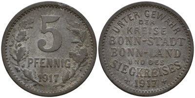 Бонн и Зигкрайс (Пруссия, Рейн) 5 пфеннигов 1917  Funck 52.1, Men05 3234.1, Men18 4150.1 цинк     4115-156