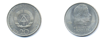 ГДР 20 марок 1972 А, Фридрих Шиллер (1759-1805) KM 40 медно-никель 3333-713