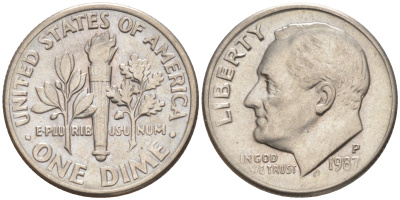 США 10 ЦЕНТОВ = 1 ДАЙМ 1987 P, РУЗВЕЛЬТ KM 195a медь плакированная медно-никелем 187-1061