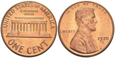 США 1 ЦЕНТ 1971 D, ЛИНКОЛЬН KM 201 медь цинк UNC 187-1161