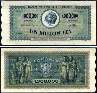 Румыния 1000000 леев 1947 Траян и Децебал, семья крестьян Pick 60 a бумага 8590-9-3-2