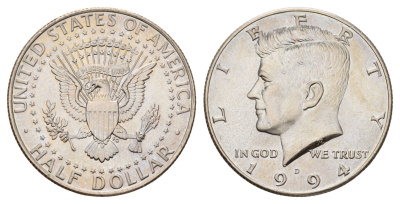 США 1/2 доллара (50 центов) 1994 D, Джон Кеннеди KM A202b медь плакированная медно-никелем UNC 4672-714