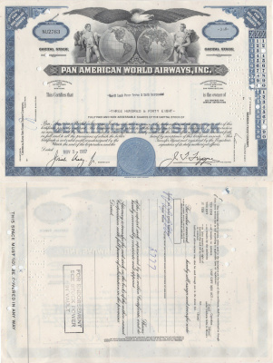 США, Pan American World Airways сертификат на 100 акций 1967 бумага 5553-22-2