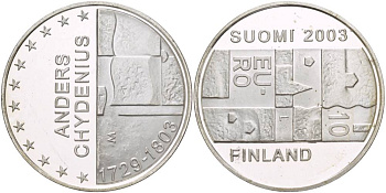 Финляндия 10 евро 2003 200 лет со дня смерти Андерса Чудениуса KM 110 серебро PROOF 1088-5-52