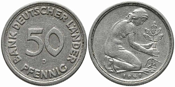 ФРГ 50 пфеннигов 1949 D KM 104, J. 379 медно-никель 112-161