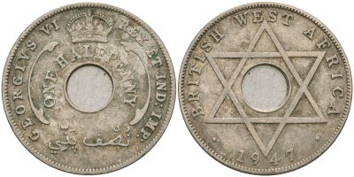Британская Западная Африка 1/2 пенни 1947 H, Георг VI KM 18 медно-никель 25-1015