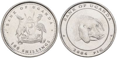 Уганда 100 шиллингов 2004 серия лунный календарь, год свиньи KM 145 сталь UNC M58-05