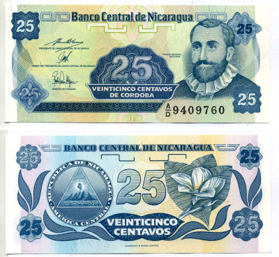 Никарагуа 25 сентаво 1991 Франсиско Эрнандес де Кордоба Pick 170 a бумага UNC (пресс) 2196-26-3-1