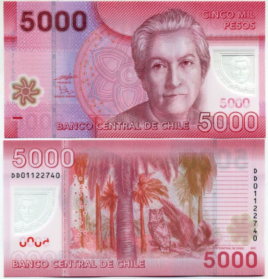 Чили 5000 песо 2011 Габриэла Мистраль, чилийская поэтесса Pick 163b пластик UNC (пресс) 447-89-2