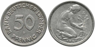 ФРГ 50 пфеннигов 1949 D KM 104, J. 379 медно-никель 112-161
