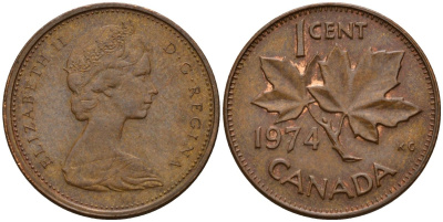 Канада 1 цент 1974 Елизавета II (1952-2022), кленовый лист KM 59.1 бронза 4189-529