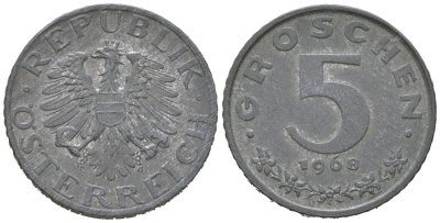 Австрия 5 грошей 1968 KM 2875 цинк aUNC 3955-735