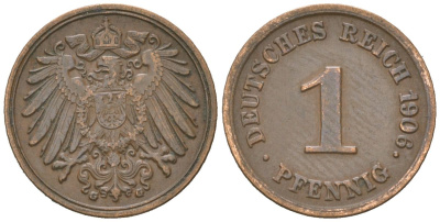 Германия 1 пфенниг 1906 G, Вильгельм II (1888-1918) KM 10, J. 10 медь 4615-717