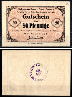 Деммин (Пруссия, Померания) 50 пфеннигов 1921 Mehl Grabowski D11.3b бумага UNC (пресс) 7555-53-3-2