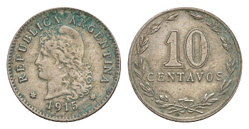 Аргентина 10 сентаво 1915 KM 35 медно-никель 4649-936