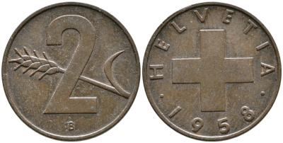 ШВЕЙЦАРИЯ 2 РАППЕНА 1958 В KM 47 бронза 4539-423