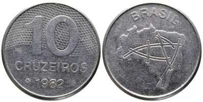 Бразилия 10 крузейро 1982 карта Бразилии KM 592.1 нержавеющая сталь 3336-852