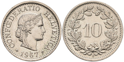 Швейцария 10 раппенов 1967 В KM 27 медно-никель 4564-967