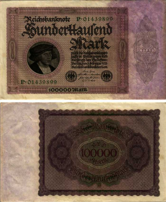 ГЕРМАНИЯ 100000 МАРОК 1923 1 ФЕВРАЛЯ 1923, БЕЗ Т ПОД ПОРТРЕТОМ Pick 83a бумага 7183-25-1