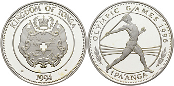 Тонга 1 паанга 1994 XXVI Олимпийские игры 1996 года в Атланте, копьеметатель KM 159 серебро PROOF 1074-4-42