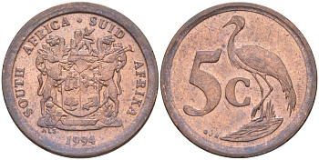 ЮАР 5 центов 1994 РАЙСКИЙ ЖУРАВЛЬ KM 134 сталь плакированная медью 219-1243