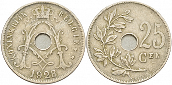 БЕЛЬГИЯ 25 САНТИМОВ 1928 BELGIE KM 69 медно-никель 87-1542