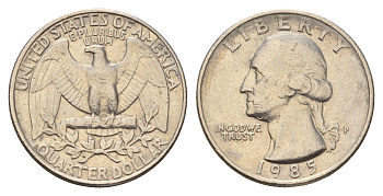 США 25 центов (квотер) 1985 P, Джордж Вашингтон KM А164а медь плакированная медно-никелем 4681-217