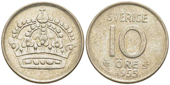 Швеция 10 эре 1955 TS, Густав VI Адольф (1950-1973) KM 823 серебро 116-1214