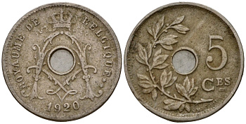 Бельгия 5 сантимов 1920 Belgique KM 66 медно-никель 4602-127
