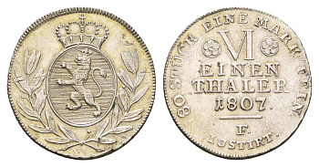 Гессен-Кассель 1/6 талера 1807 F, Вильгельм I (1785-1821) KM 556 серебро 00-814-46