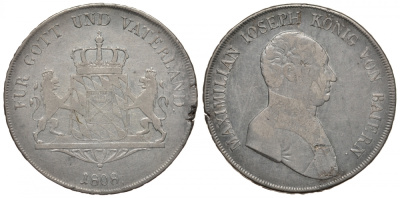 Бавария 1 талер 1808 Максимилиан I Иосиф (1799-1806-1825) Thun 43, AKS 48 серебро 00-809-14