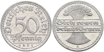 Германия 50 пфеннигов 1921 A KM 27, J.301, Weege 10 алюминий UNC 4584-825