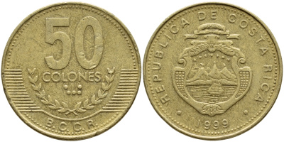 КОСТА-РИКА 50 КОЛОН 1999 B.C.C.R., ГОД ТИП KM 231.1 латунь 63-233