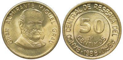 Перу 50 сентимо 1988 Мигель Грау Семинарио KM 295 латунь aUNC 4605-415