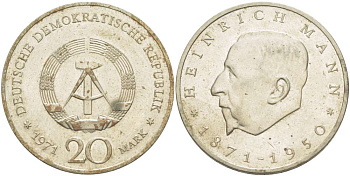 ГДР 20 марок 1971 А, 100 лет со дня рождения Генриха Манна (1871-1950) KM 33, J. 1531 медно-никель 4521-613