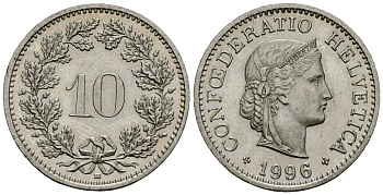 Швейцария 10 раппенов 1996 KM 27 медно-никель 4173-1129