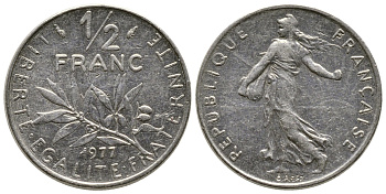 Франция 1/2 франка 1977 сеятель KM 931.1, Le Franc 198.16 никель 3458-167