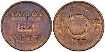 Швеция 5 эре 1972 Густав VI Адольф (1950-1973) KM 845 бронза 4598-1233