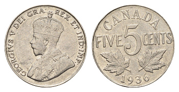 Канада 5 центов 1936 Георг V (1910-1936) KM 29 никель 4679-658