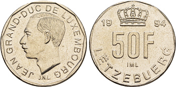 Люксембург 50 франков 1994 Великий герцог Жан (1964-2000), тираж 10.000 экземпляров KM 66 никель  BU  4635-1213