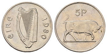 Ирландия 5 пенсов 1980 бык KM 22 медно-никель UNC 4666-1035