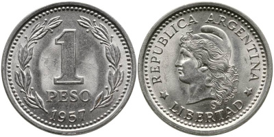 Аргентина 1 песо 1957 голова свободы влево KM 57 сталь плакированная никелем 4525-856