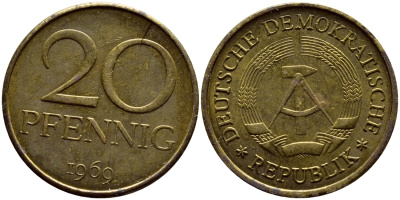 ГДР 20 пфеннигов 1969 А, первый год KM 11 латунь UNC 4398-1035