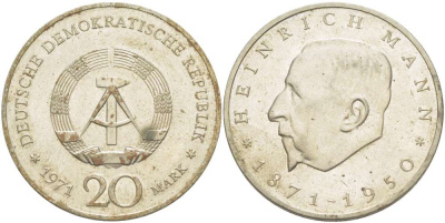 ГДР 20 марок 1971 А, 100 лет со дня рождения Генриха Манна (1871-1950) KM 33, J. 1531 медно-никель 4521-613