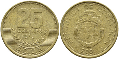 КОСТА-РИКА 25 КОЛОН 2001 B.C.C.R. KM 229а латунь 56-1017
