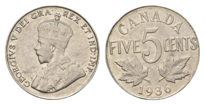 Канада 5 центов 1936 Георг V (1910-1936) KM 29 никель 4679-658