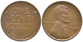 США 1 ЦЕНТ 1934 ЛИНКОЛЬН KM 132 бронза 100-1044