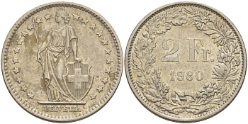 Швейцария 2 франка 1980 KM 21а.1 медно-никель 4542-522