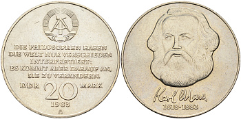 ГДР 20 марок 1983 А, 100 лет со дня смерти Карла Маркса (1818-1883) J. 1592, KM 95 медь никель цинк UNC 02-230-51
